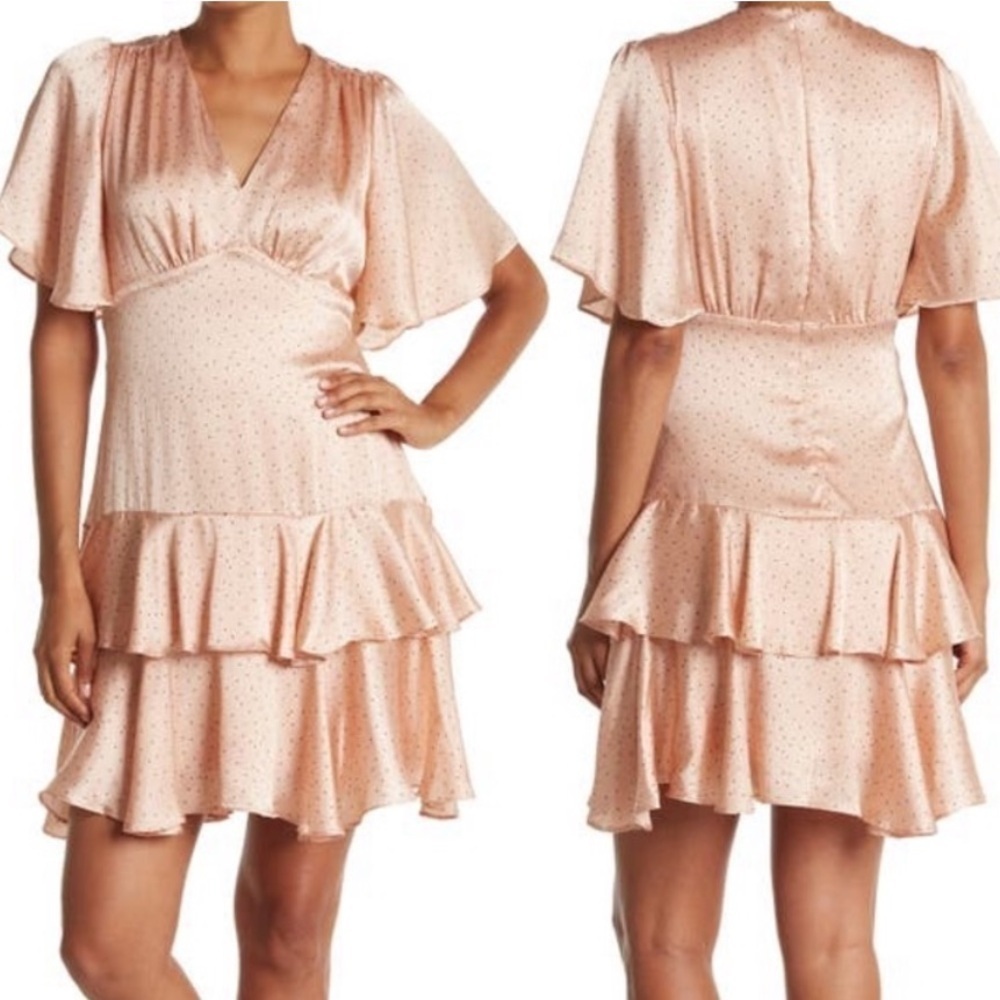 LAUNDRY BY SHELLI SEGAL Flutter Sleeve Satin Micro Polka Dot 20s Flapper Dress